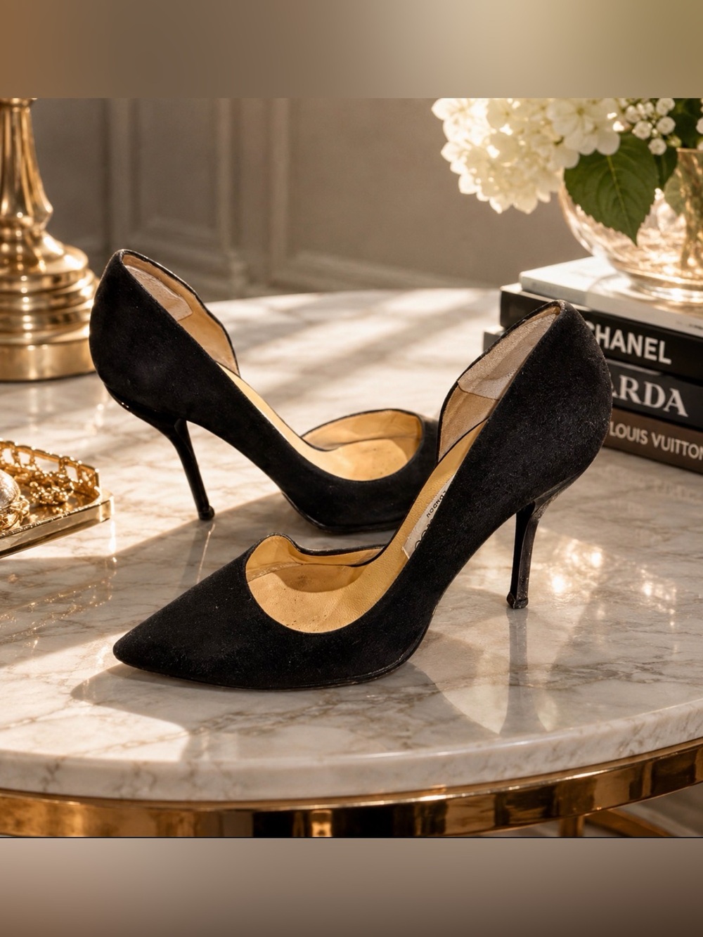 Jimmy Choo Elegant Black suede stiletto pump with silver Heels size 37/7